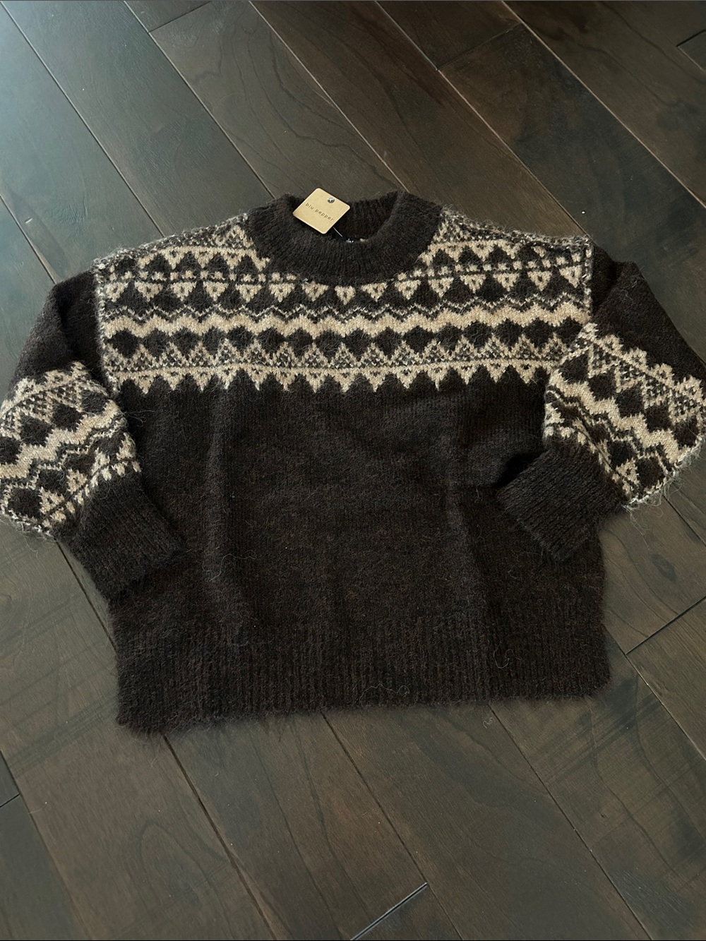 Blu Pepper Brown & TanPatterned Crewneck Sweater